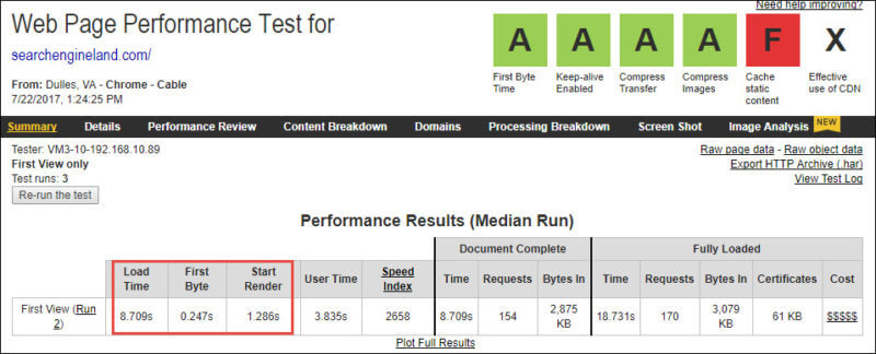 A screenshot of WebPageTest.org
